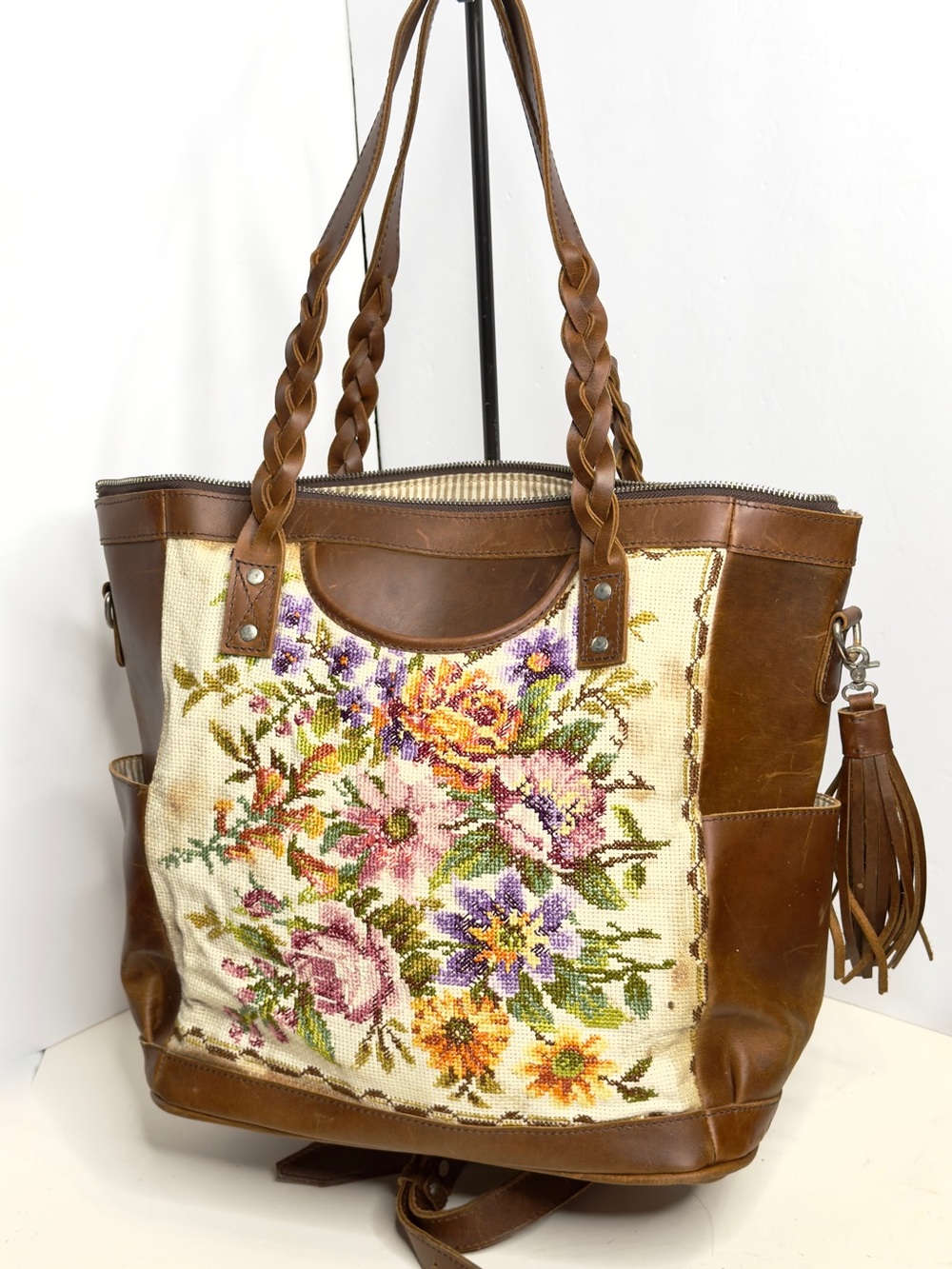 Large Brown Leather with Tapestry Front Tote Backpack - Women Bags LIKE NEW